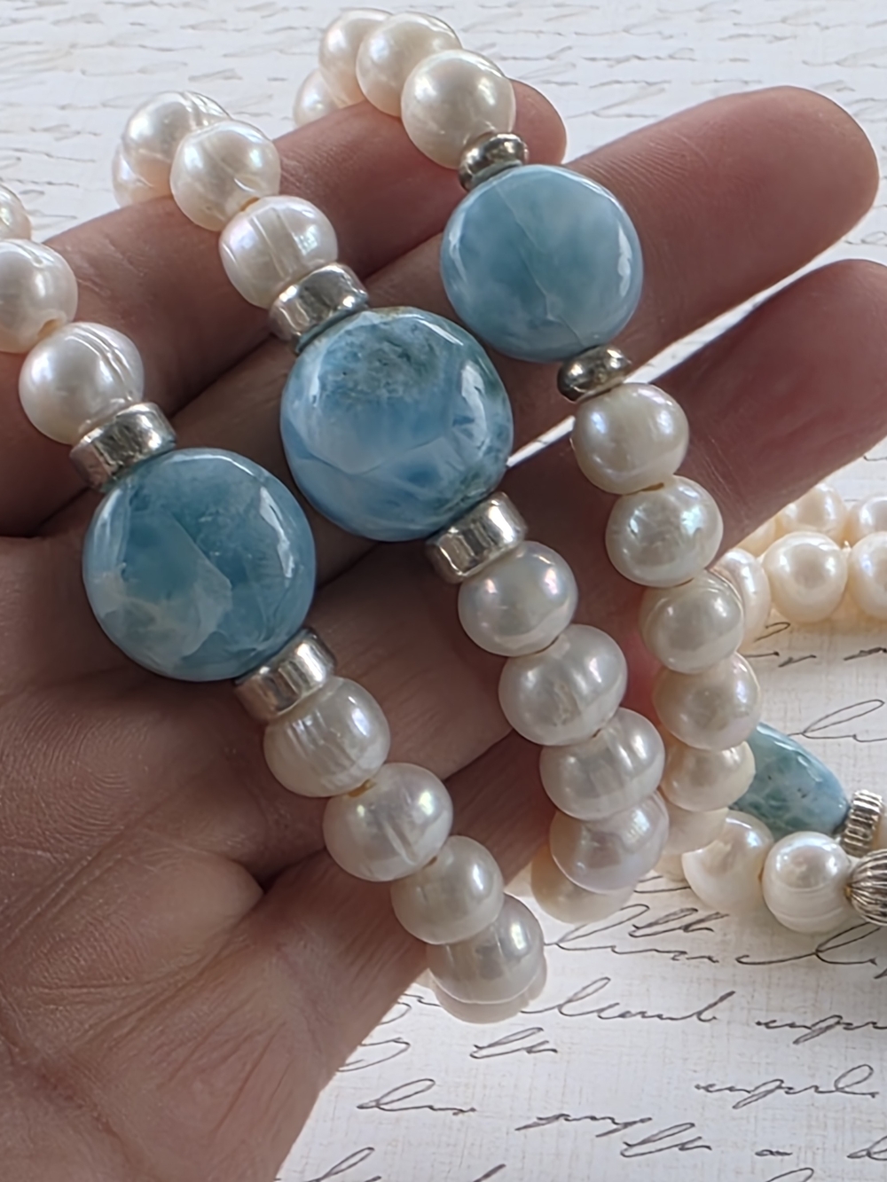 Fresh Water Pearl and Blue Larimar-Style Beaded Bracelet - Women Jewelry